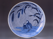 染付粟に鶉絵 大皿